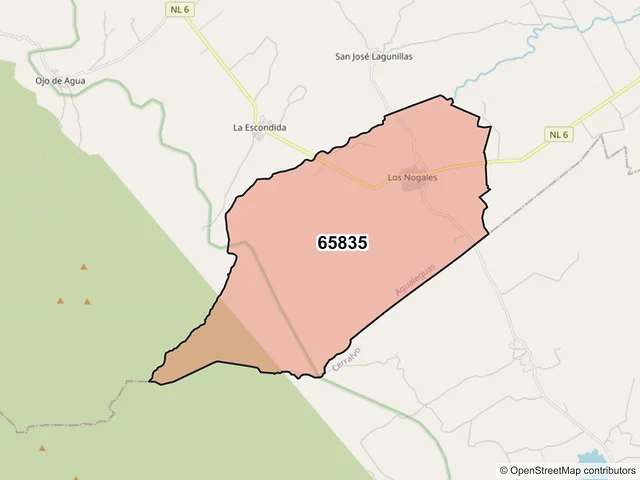 Mapa del código postal 65835, Agualeguas, Nuevo León