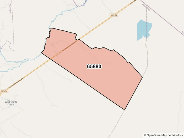 Mapa del código postal 65880, General Treviño, Nuevo León