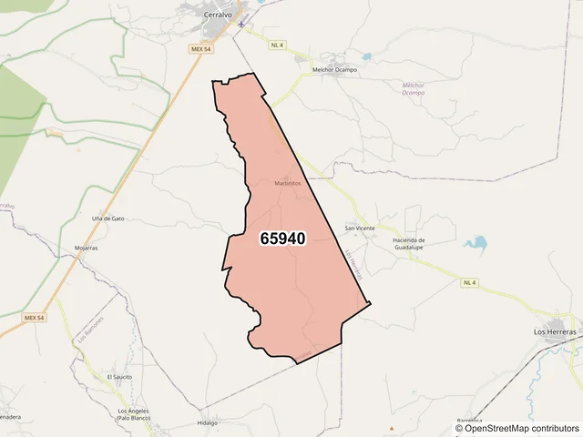Mapa del código postal 65940, Cerralvo, Nuevo León