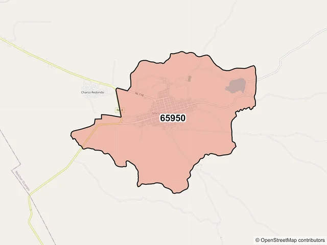 Mapa del código postal 65950, Melchor Ocampo, Nuevo León