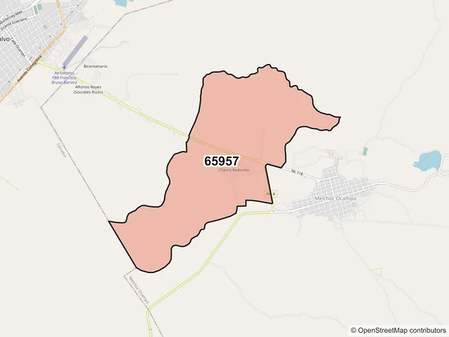 Mapa del código postal 65957, Melchor Ocampo, Nuevo León