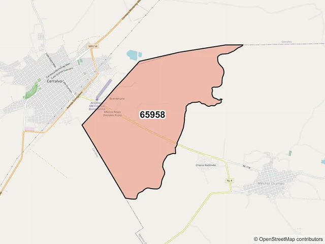 Mapa del código postal 65958, Melchor Ocampo, Nuevo León