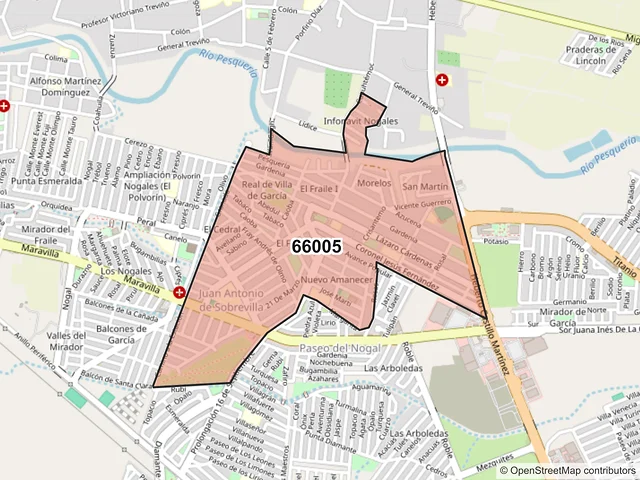 Mapa del código postal 66005, García, Nuevo León