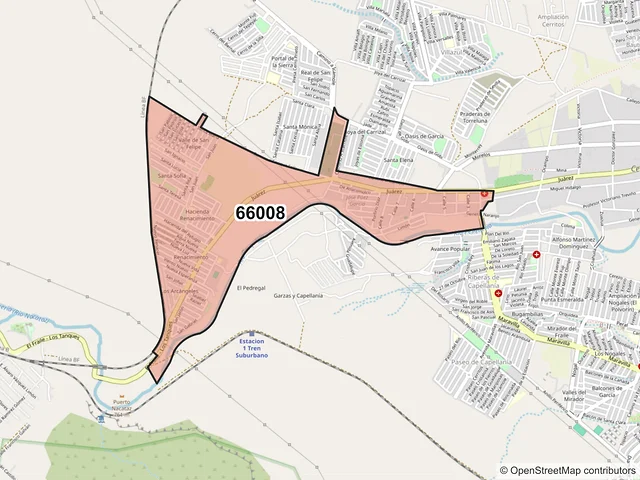 Mapa del código postal 66008, García, Nuevo León
