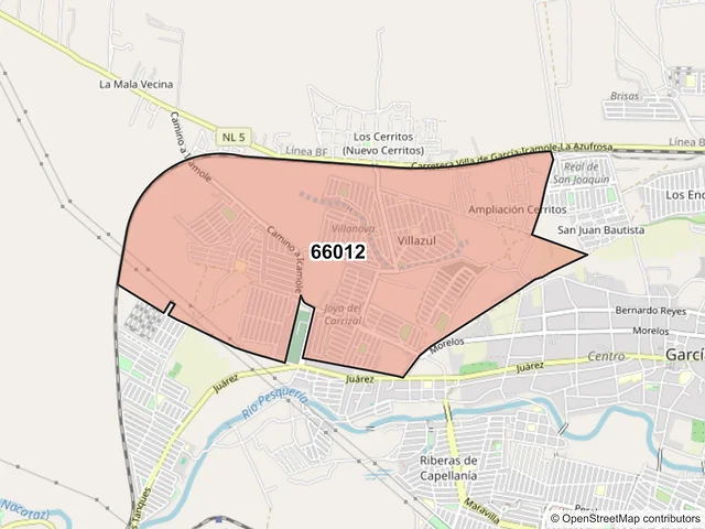 Mapa del código postal 66012, García, Nuevo León