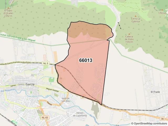 Mapa del código postal 66013, García, Nuevo León