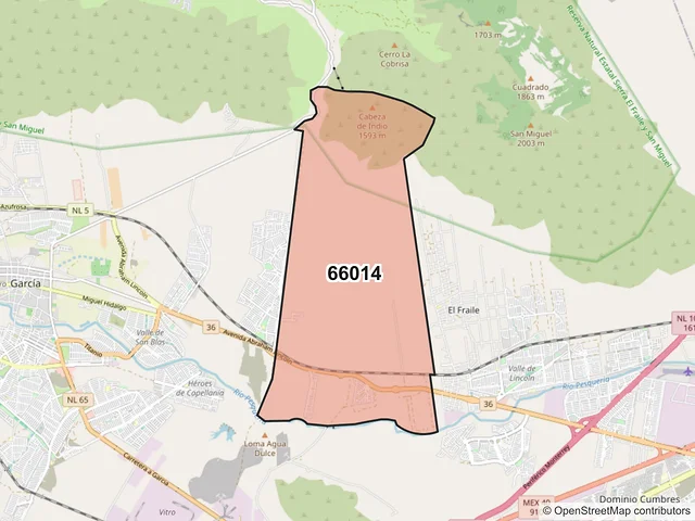Mapa del código postal 66014, García, Nuevo León