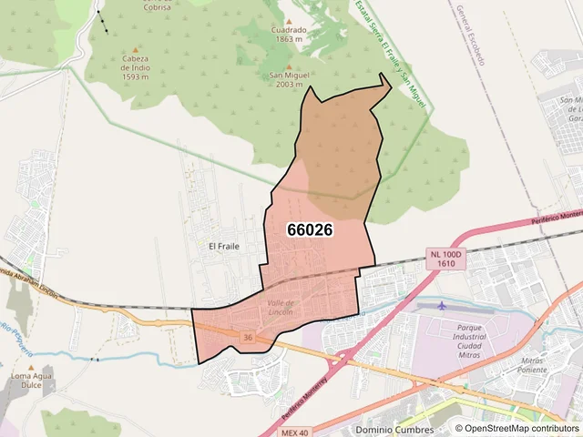Mapa del código postal 66026, García, Nuevo León