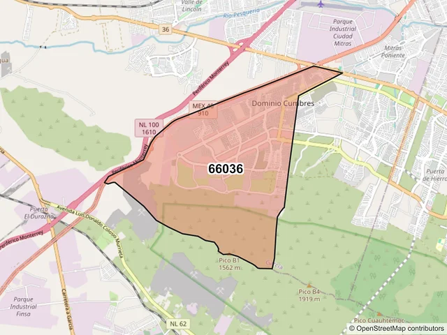 Mapa del código postal 66036, García, Nuevo León