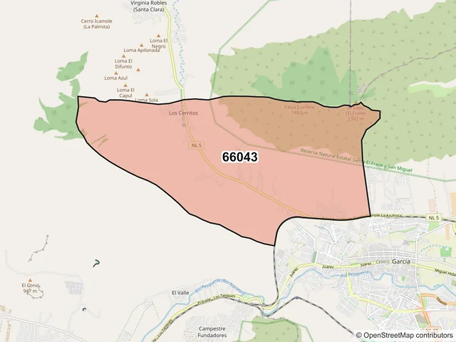 Mapa del código postal 66043, García, Nuevo León