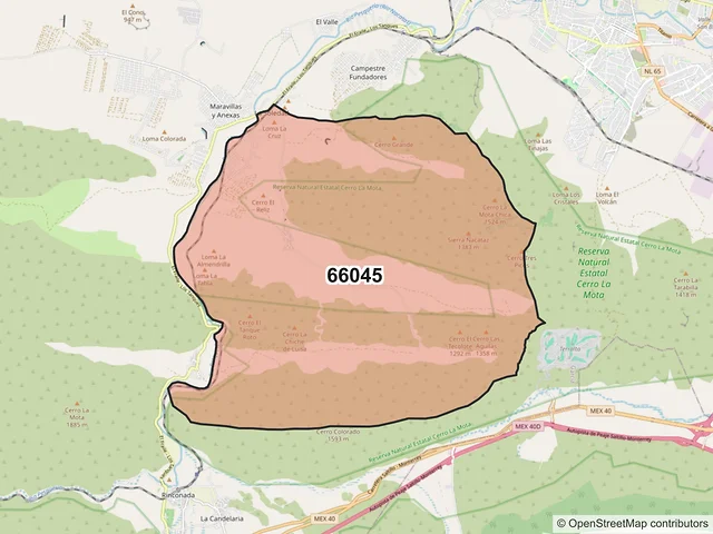 Mapa del código postal 66045, García, Nuevo León