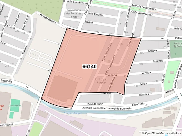 Mapa del código postal 66140, Santa Catarina, Nuevo León