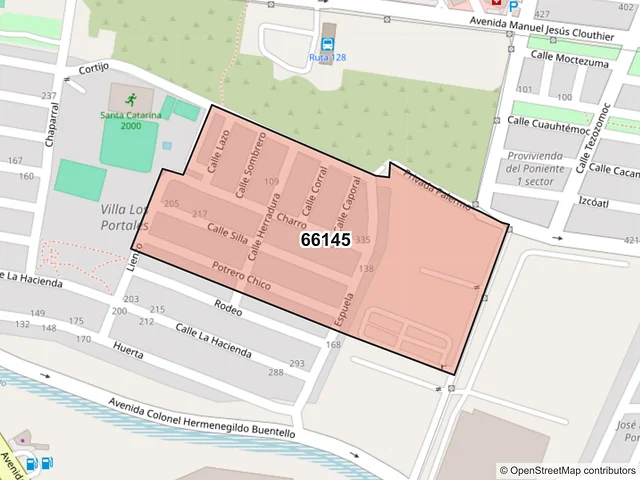 Mapa del código postal 66145, Santa Catarina, Nuevo León