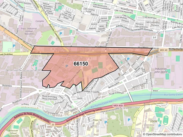 Mapa del código postal 66150, Santa Catarina, Nuevo León