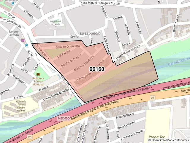 Mapa del código postal 66160, Santa Catarina, Nuevo León