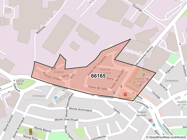 Mapa del código postal 66165, Santa Catarina, Nuevo León