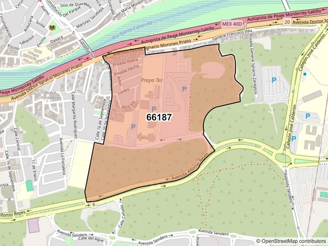 Mapa del código postal 66187, Santa Catarina, Nuevo León