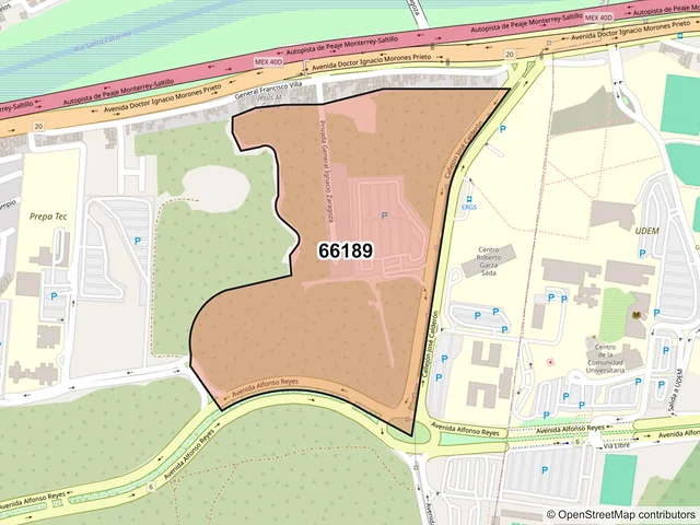Mapa del código postal 66189, Santa Catarina, Nuevo León