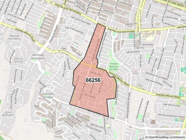 Mapa del código postal 66256, San Pedro Garza García, Nuevo León