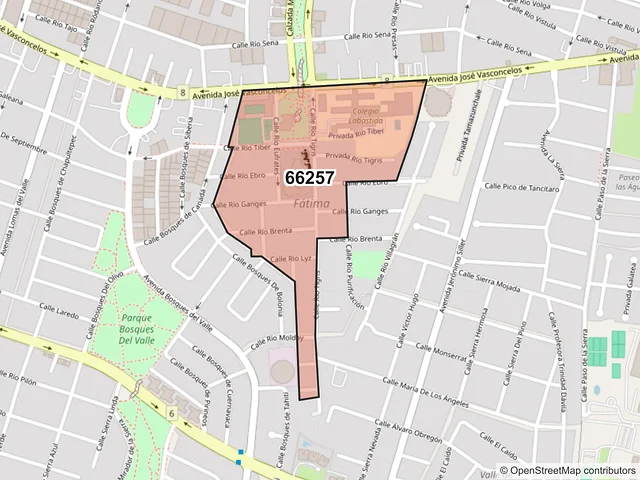 Mapa del código postal 66257, San Pedro Garza García, Nuevo León