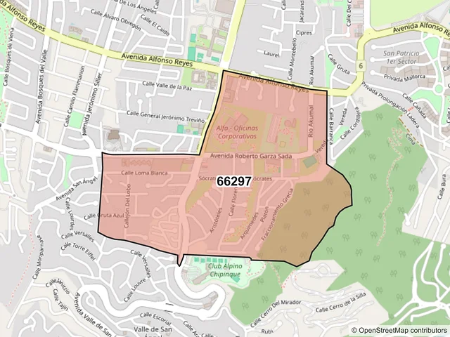 Mapa del código postal 66297, San Pedro Garza García, Nuevo León
