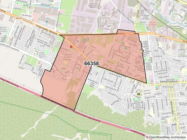 Mapa del código postal 66358, Santa Catarina, Nuevo León