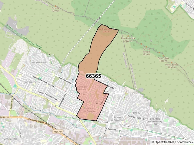 Mapa del código postal 66365, Santa Catarina, Nuevo León