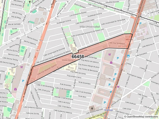 Mapa del código postal 66458, San Nicolás de los Garza, Nuevo León
