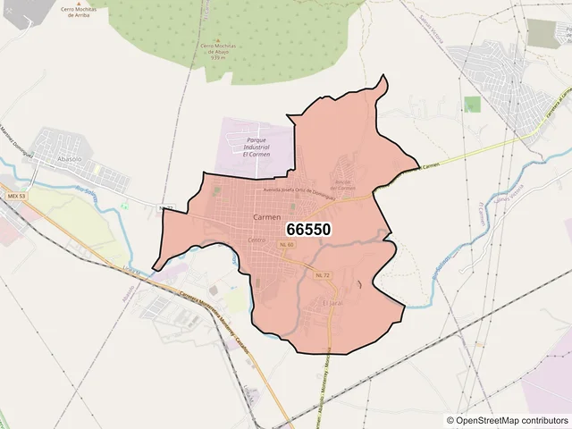 Mapa del código postal 66550, El Carmen, Nuevo León