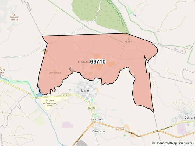 Mapa del código postal 66710, Marín, Nuevo León