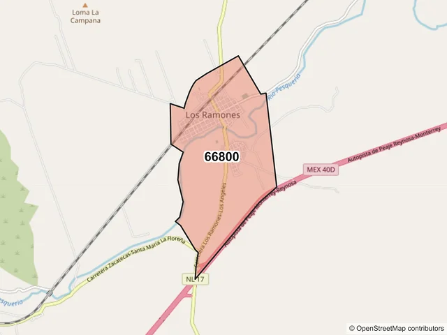 Mapa del código postal 66800, Los Ramones, Nuevo León