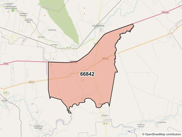 Mapa del código postal 66842, Los Ramones, Nuevo León