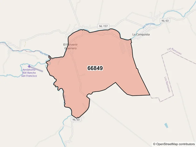 Mapa del código postal 66849, Los Ramones, Nuevo León