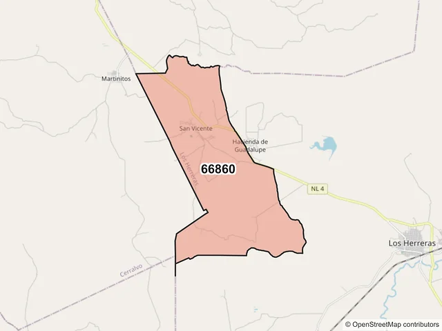 Mapa del código postal 66860, Los Herreras, Nuevo León