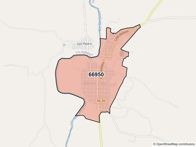 Mapa del código postal 66950, Doctor Coss, Nuevo León