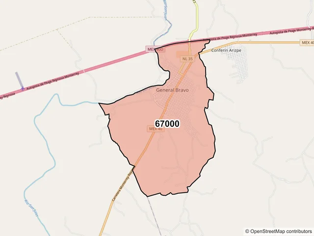 Mapa del código postal 67000, General Bravo, Nuevo León