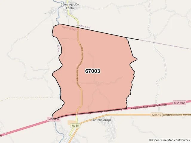 Mapa del código postal 67003, General Bravo, Nuevo León