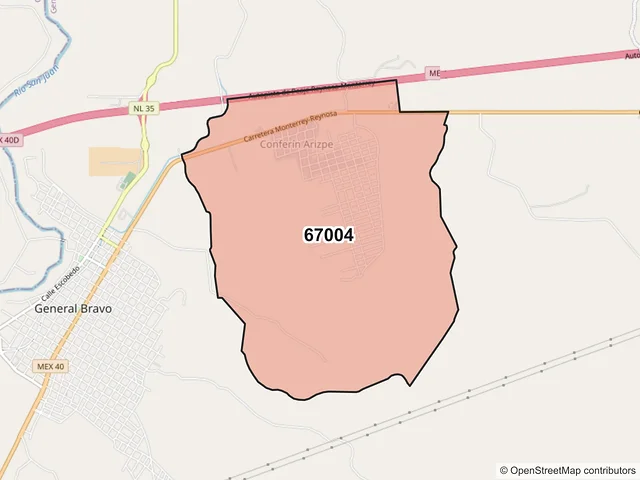 Mapa del código postal 67004, General Bravo, Nuevo León