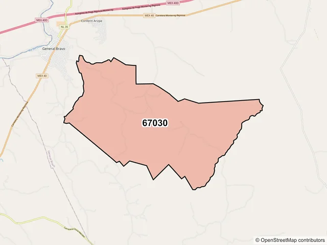 Mapa del código postal 67030, General Bravo, Nuevo León