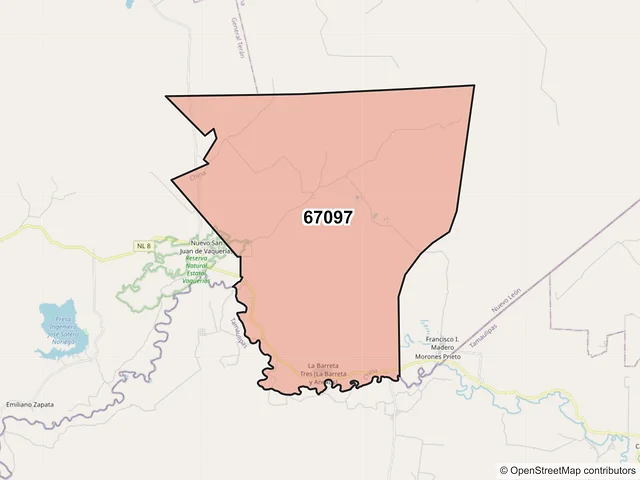 Mapa del código postal 67097, China, Nuevo León