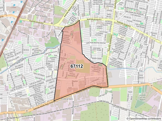 Mapa del código postal 67112, Guadalupe, Nuevo León
