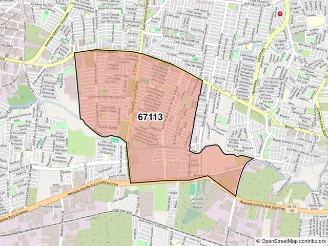 Mapa del código postal 67113, Guadalupe, Nuevo León