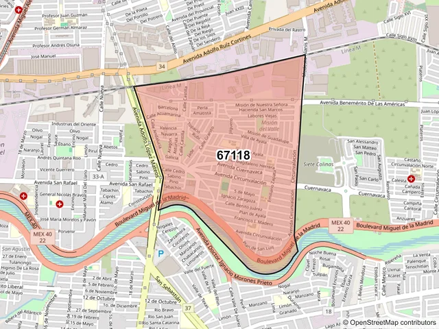 Mapa del código postal 67118, Guadalupe, Nuevo León