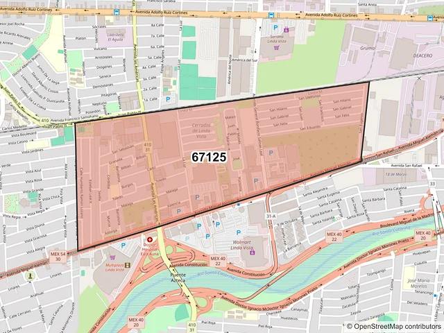 Mapa del código postal 67125, Guadalupe, Nuevo León