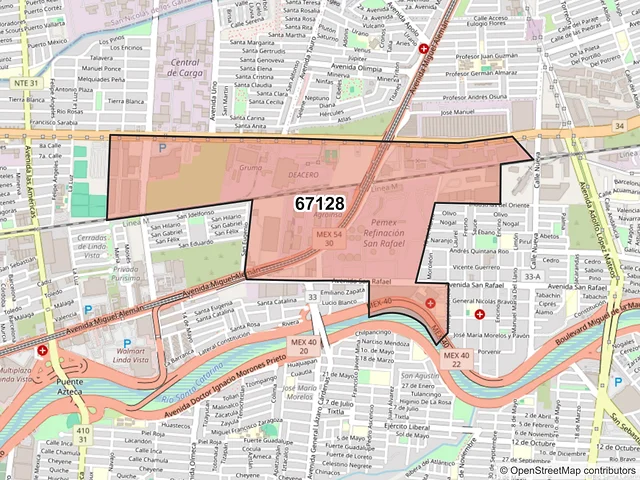 Mapa del código postal 67128, Guadalupe, Nuevo León