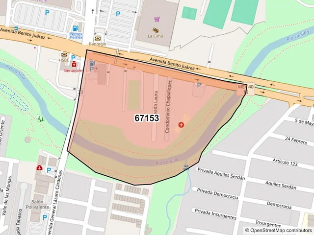 Mapa del código postal 67153, Guadalupe, Nuevo León