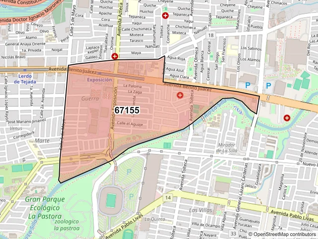 Mapa del código postal 67155, Guadalupe, Nuevo León