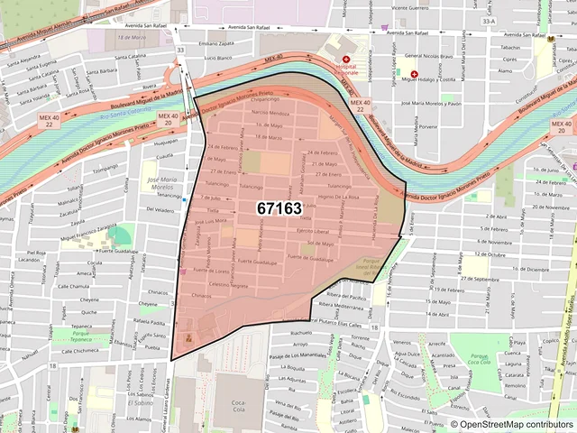 Mapa del código postal 67163, Guadalupe, Nuevo León