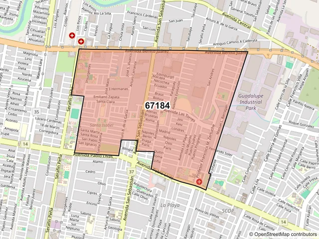 Mapa del código postal 67184, Guadalupe, Nuevo León