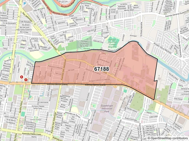 Mapa del código postal 67188, Guadalupe, Nuevo León